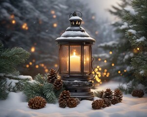 Christmas lantern with candles. Sparks and snow