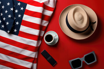 National flag, sunglasses, a cup of tea and a straw hat on a red background background. A card for the Independence Day of the USA