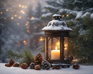 Christmas lantern with candles. Sparks and snow