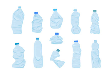 crumpled plastic bottles. Unhygienic broken garbage rubbish trash refuse water bottles, environment contamination recycling wastes. vector cartoon minimalistic objects collection. - obrazy, fototapety, plakaty