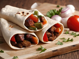 Hot pieces of meat from a barbecue on wheat pita bread. A fresh snack with greens and vegetables inside. An advertising look for fast food