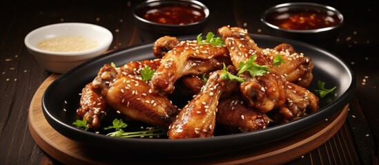 Asian-style chicken wings with homemade honey garlic sauce and a side of dipping sauce. - obrazy, fototapety, plakaty