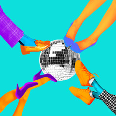 Poster. Contemporary art collage. Female and male legs in vintage color clothes stands on disco...