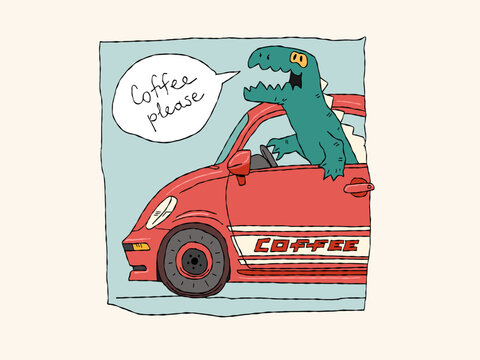 Cute dinosaur in car vector for tee print and background wallpaper  