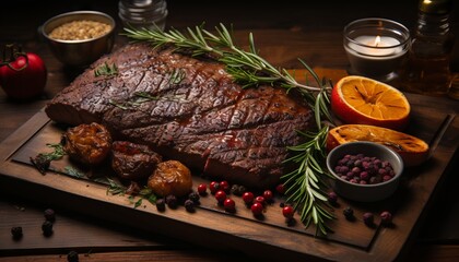 Grilled appetizing steak on a platter, cut into portions, restaurant serving. Concept: holiday menu, high-calorie protein food
