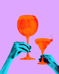 Poster. Contemporary art collage. Cheers. Hands with refreshing sweet cocktails Bright comics style design.