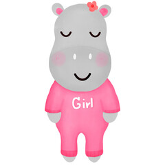 Cute hippo girl wearing blue clothes Decorate cards for children or on various occasions.