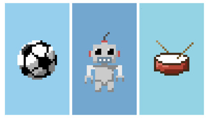 Drum, robot, soccer, ball kid toys pixel art