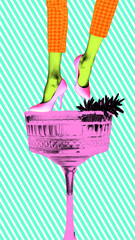 Poster. Contemporary art collage. Female legs in heels dancing on cocktail glass against retro stripped background. Bright comics style design.