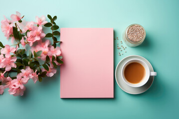 Flat lay pink sheet of paper, flowers and a cup of tea on a turquoise background