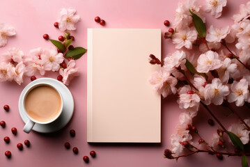 Naklejka na ściany i meble Flat lay of book with an empty pink mock up cover and flowers with a cappuccino cup on the background