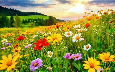 Obraz premium Beautiful meadow full of spring flowers. Generative AI