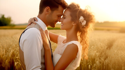 happy newlyweds hugging in a field on a sunny day. legal AI