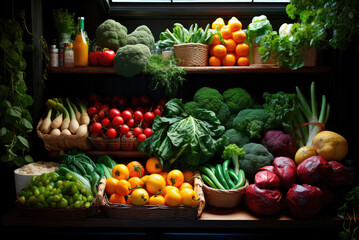 Fresh fruits and vegetables on the counter in the store