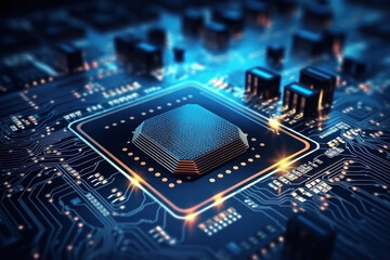 A powerful computer processor or chip on a motherboard. Modern technologies. Blue background. Development of computer technologies.