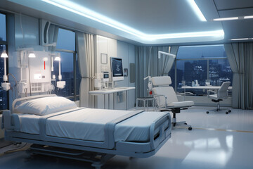Modern white ICU room for seriously injured person to be treated immediately by doctors with up to date medical equipment, ICU room also comes with white tone lighting. Generative AI. - obrazy, fototapety, plakaty