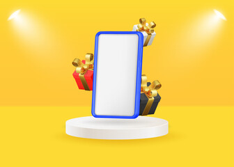 Vector 3D illustration with a phone on a podium and gift boxes on an orange background.