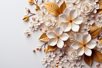 Flat lay composition bouquet of white and beige flowers on a white background