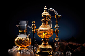 Fototapeta na wymiar Handmade hookah in oriental style and Arabic tea for relaxing in a dark room