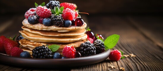Berry fruit, honey, and buckwheat pancakes on a vintage wooden table.