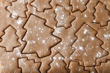 Cooking ginger cookies, Christmas and New Year traditional cookies in shape of Christmas fir tree, raw rolled out dough with cut out dough figures, close up texture, top view, pattern on dough