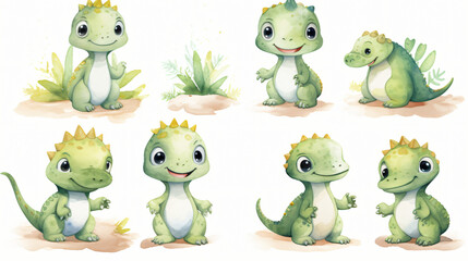 Watercolor little dinosaur Clipart Isolated on white background 