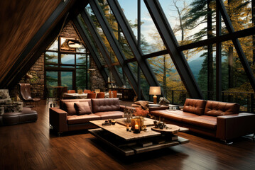 Interior of a modern chalet in the forest in the mountains