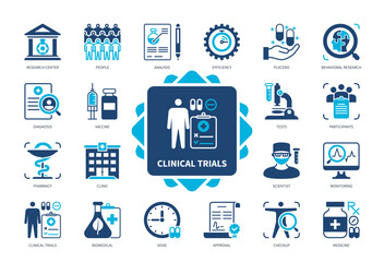 Clinical Trials icon set. Research Center, Placebo, Analysis, Participants, Tests, Biomedical, Effectivity, Approval. Duotone color solid icons