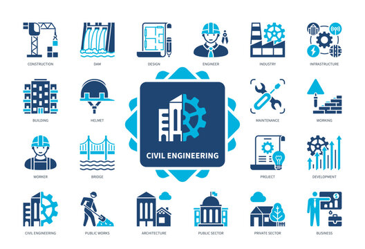 Civil Engineering icon set. Design, Working, Maintenance, Construction, Environment, Architecture, Infrastructure, Industry. Duotone color solid icons