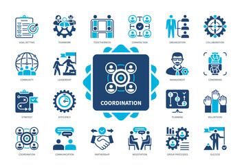 Coordination icon set. Goals, Collaboration, Management, Common Task, Partnership, Strategy, Teamwork, Leadership. Duotone color solid icons - obrazy, fototapety, plakaty