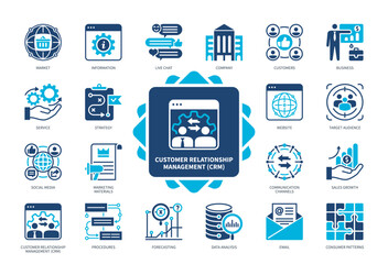 Customer relationship management CRM icon set. Business, Sales, Target Audience, Social Media, Forecasting, Information, Customers, Marketing Materials. Duotone color solid icons