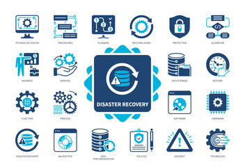 Disaster Recovery icon set. Incident, Backup Site, Procedures, Planning, Data Storage, Reestablishing, Technology System, Data Synchronization. Duotone color solid icons - obrazy, fototapety, plakaty