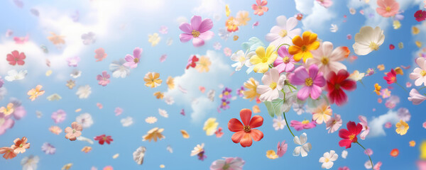 Colorful flowers flying in air against light blue sky panorama