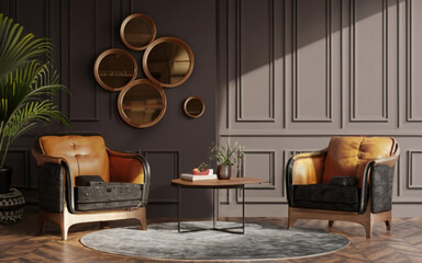 Modern interior design for home, office, upholstered furniture against the background of a dark classic wall. Ai Generative