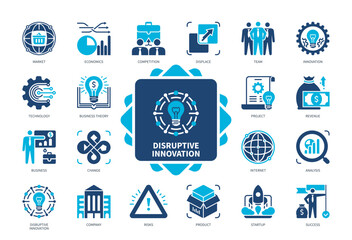 Disruptive Innovation icon set. Technology, Business Theory, Market, Competition, Displace, Startup, Project, Revenue. Duotone color solid icons