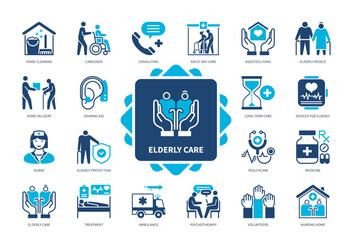 Elderly Care icon set. Long-Term Care, Caregiver, Assisted Living, Psychotherapy, Consulting, Ambulance, Home Cleaning, Nursing Home. Duotone color solid icons - obrazy, fototapety, plakaty
