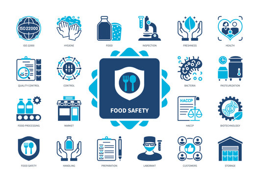 Food Safety icon set. Freshness, Hygiene, Biotechnology, Quality Control, Food Processing, Inspection, HACCP. Duotone color solid icons