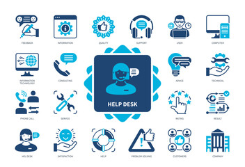 Help Desk icon set. Support, Technical, Feedback, Advice, Customer Service, Satisfaction, Problem Solving, Result. Duotone color solid icons