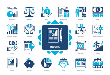 Income icon set. Payroll, Cash Flow, Savings, Economic Growth, Career, Dividends, Business, Investment. Duotone color solid icons - obrazy, fototapety, plakaty