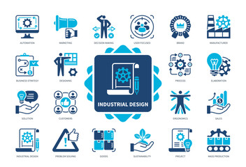 Industrial Design icon set. Goods, Elaboration, Mass Production, Automation, Problem Solving, User Focused, Brand, Marketing. Duotone color solid icons
