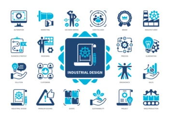 Fotobehang Industrial Design icon set. Goods, Elaboration, Mass Production, Automation, Problem Solving, User Focused, Brand, Marketing. Duotone color solid icons © Genestro
