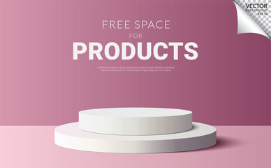 Two step white podium modern minimal free space for products on pink background. Vector Illustration