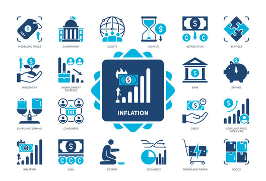 Inflation icon set. Goods, Supply and Demand, Scarcity, Price Increase, Purchasing Power, Investment, Economics, Depreciation. Duotone color solid icons