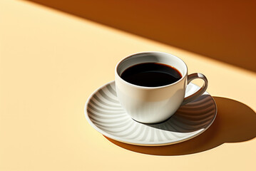 Cup of black tea or coffee on a yellow background with a hard refreshment