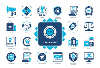 Trademark icon set. Brand, Copyright Protection, Marketing, Legal, Ownership, Label, Registration, Patent. Duotone color solid icons - obrazy, fototapety, plakaty