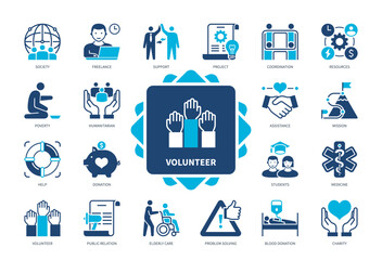 Volunteer icon set. Public Relation, Elderly Care, Problem Solving, Coordination, Donation, Society, Support, Poverty. Duotone color solid icons - obrazy, fototapety, plakaty