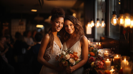 The LGBT community, wedding, lesbians. Period. Two girls embrace each other. Holding a wedding bouquet. Period.