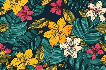 A vibrant pattern featuring tropical leaves and flowers, creating a lively and exotic visual arrangement.