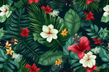 Fototapeten A vibrant pattern featuring tropical leaves and flowers, creating a lively and exotic visual arrangement. © Ilia