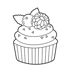 Cupcake with whipped cream and raspberries. Design element. Black and white outline illustration for coloring book
